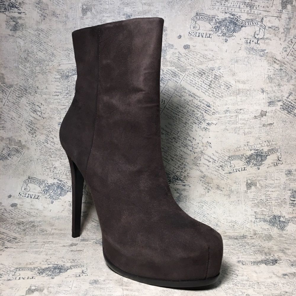 Pour La Victoire Brown Suede Platform Ankle Booties Stiletto Heel Side Zip